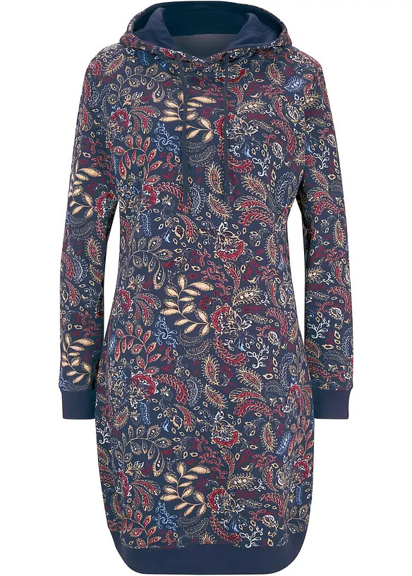Sweatkleid, bedruckt, langarm in blau von vorne - bonprix
