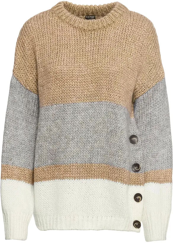 Gestreifter Oversize-Pullover mit Knöpfen in beige von vorne - bonprix
