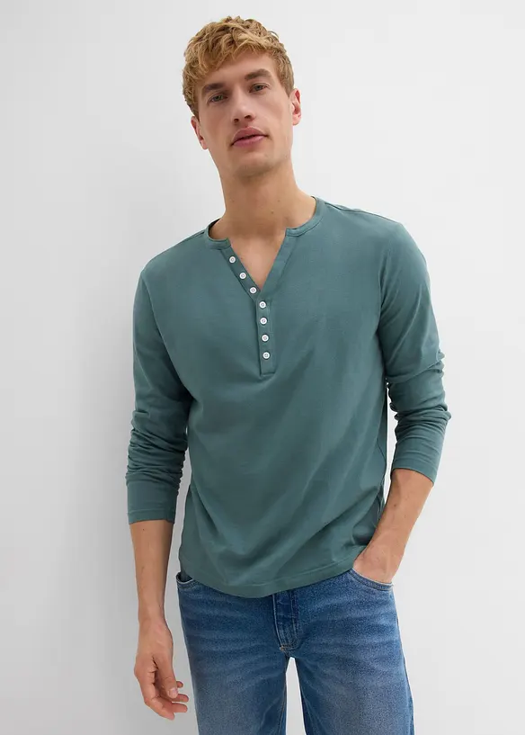 Langarm-Henleyshirt aus reiner Bio-Baumwolle in Slim Fit in grün von vorne (im Anschnitt) - bonprix