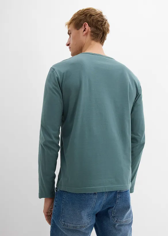 Langarm-Henleyshirt aus reiner Bio-Baumwolle in Slim Fit in grün von hinten (im Anschnitt) - bonprix