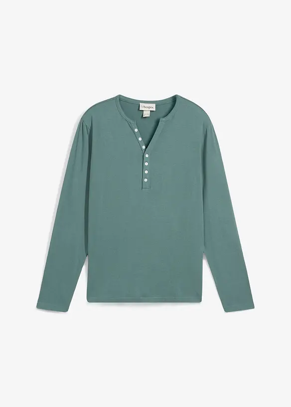 Langarm-Henleyshirt aus reiner Bio-Baumwolle in Slim Fit in grün von vorne - bonprix