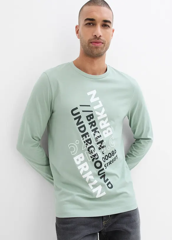 Langarmshirt aus reiner Bio Baumwolle in grün von vorne (im Anschnitt) - bonprix