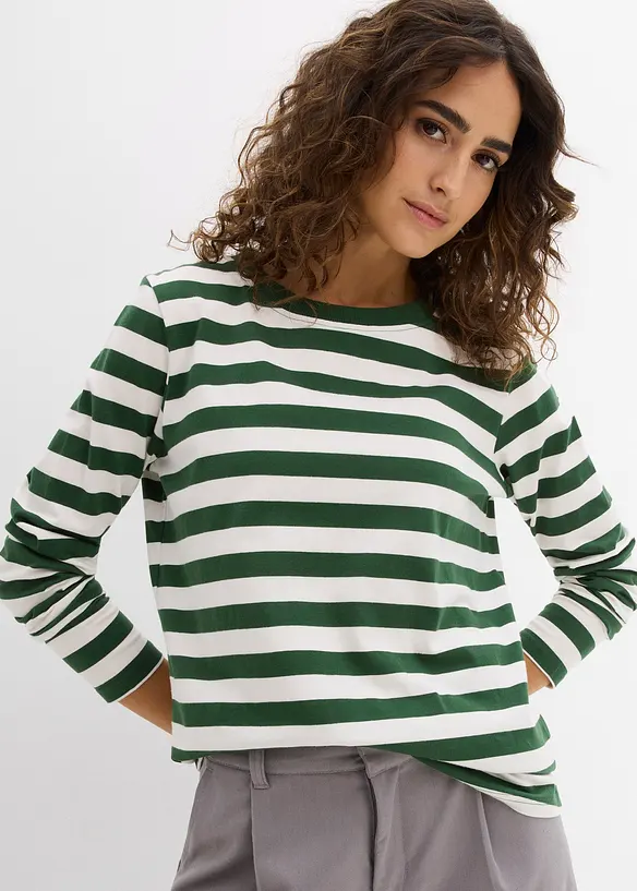 Streifenshirt aus reiner Bio-Baumwolle in grün von vorne (im Anschnitt) - bonprix Streifenshirt aus reiner Bio-Baumwolle in grün von vorne (im Anschnitt) - bonprix