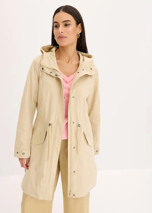 Long-Parka mit Kapuze in beige von vorne (Totalaufnahme) - bonprix