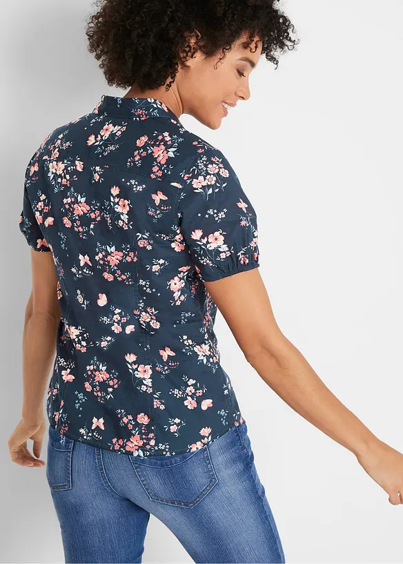 Kurzarm-Bluse aus reiner Baumwolle in blau von hinten (im Anschnitt) - bonprix