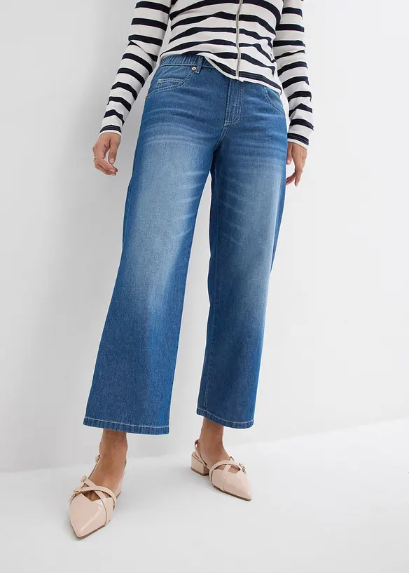 Straight-Jeans Mid Waist, Bequembund Low Stretch cropped in blau von vorne - bonprix