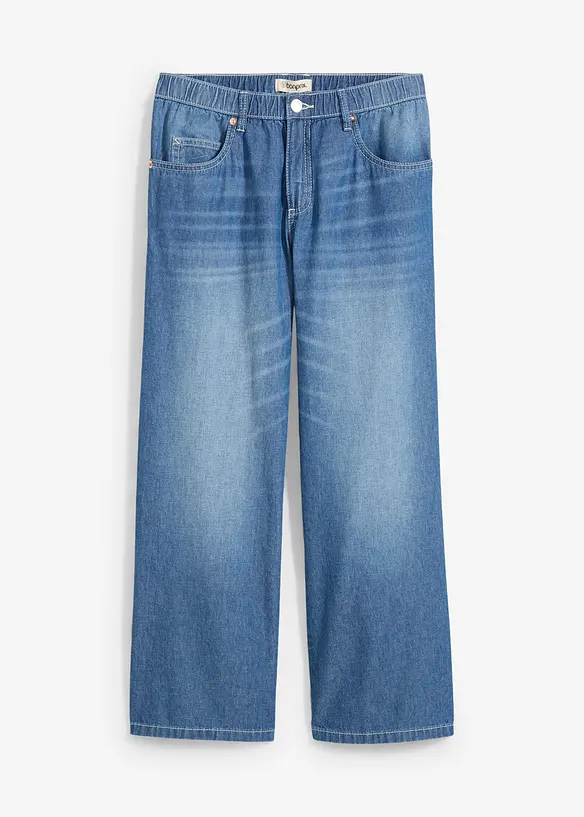 Straight-Jeans Mid Waist, Bequembund Low Stretch cropped in blau von vorne - bonprix