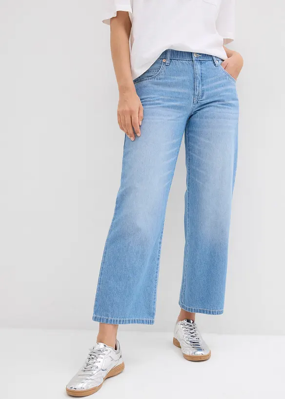 Straight-Jeans Mid Waist, Bequembund Low Stretch cropped in blau von vorne - bonprix
