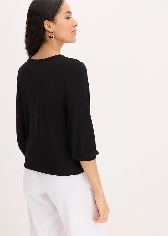 3/4-Arm Shirt mit Spitze in Wickeloptik in schwarz von hinten (im Anschnitt) - bonprix