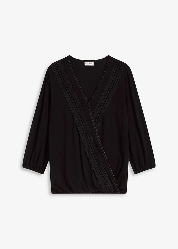 3/4-Arm Shirt mit Spitze in Wickeloptik in schwarz von vorne - bonprix