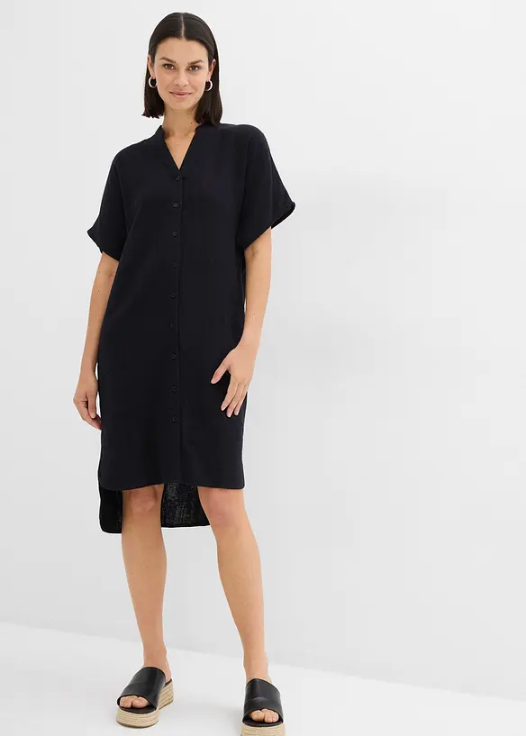 Hemdblusenkleid aus reiner Baumwolle in schwarz von vorne (Totalaufnahme) - bonprix