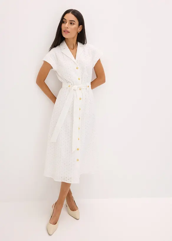 Hemdblusenkleid aus Lochspitze in weiß von vorne (Totalaufnahme) - bonprix Hemdblusenkleid aus Lochspitze in weiß von vorne (Totalaufnahme) - bonprix