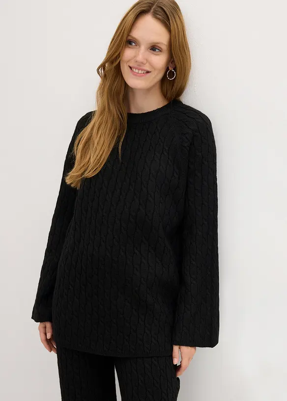 Oversize-Pullover mit Zopfmuster in schwarz von vorne (im Anschnitt) - bonprix