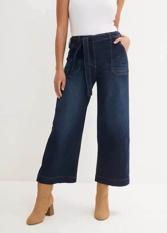 Wide-Leg-Jeans High Waist, Bequembund cropped in blau von vorne - bonprix