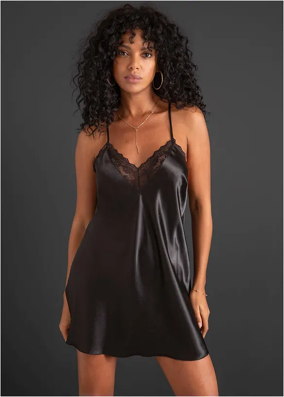 Satin Negligé in schwarz von vorne (Totalaufnahme) - bonprix