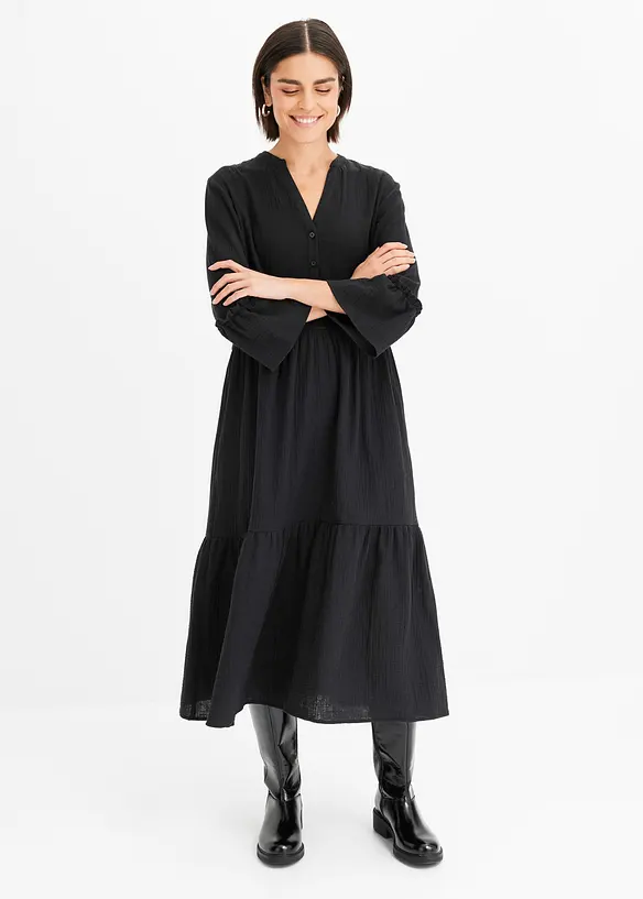 Midikleid aus weichem Musselin in schwarz von vorne (Totalaufnahme) - bonprix