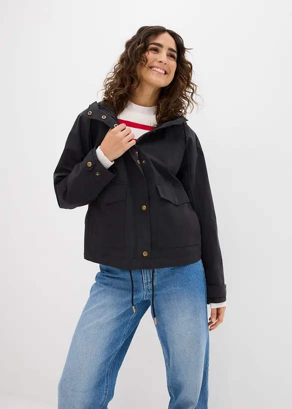 Übergangsjacke mit Kapuze in schwarz von vorne (im Anschnitt) - bonprix