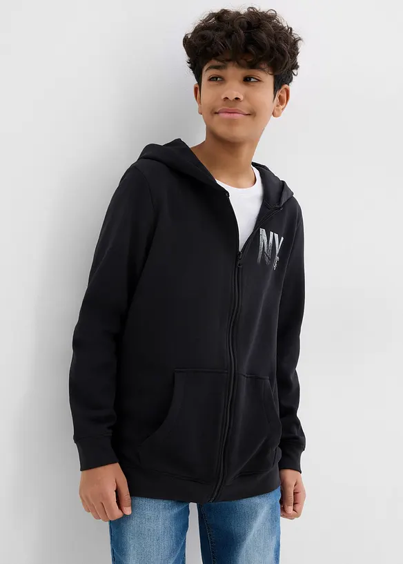 Kapuzen-Sweatjacke aus weichem Baumwoll-Mix in schwarz von vorne (im Anschnitt) - bonprix