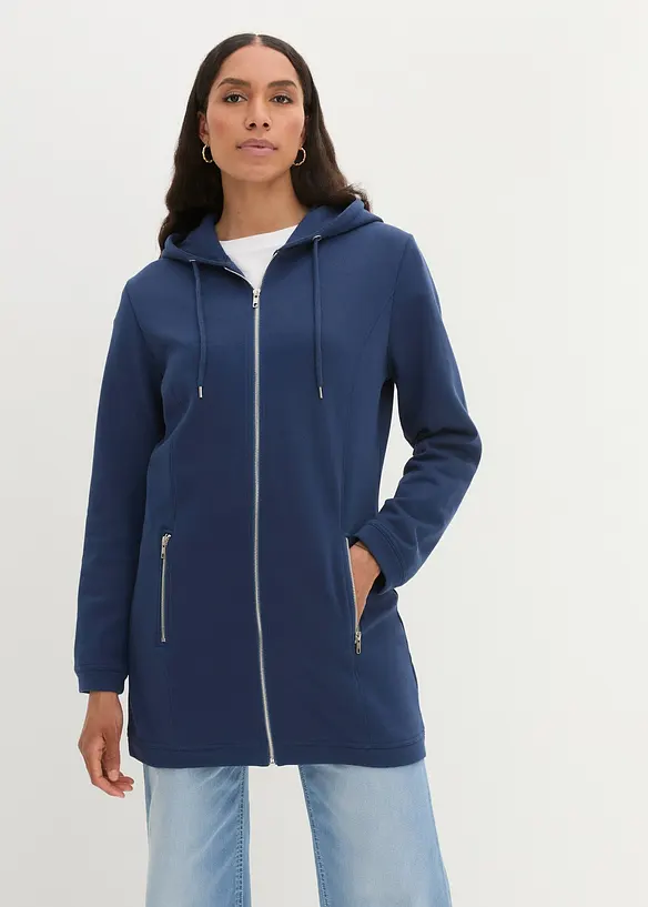 Long-Sweatjacke mit Reißverschlusstaschen in blau von vorne (im Anschnitt) - bonprix Long-Sweatjacke mit Reißverschlusstaschen in blau von vorne (im Anschnitt) - bonprix