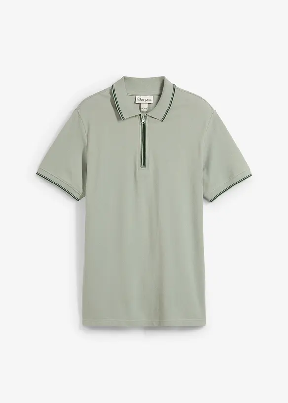 Piqué-Poloshirt mit Reißverschluss aus reiner Baumwolle in grün von vorne - bonprix