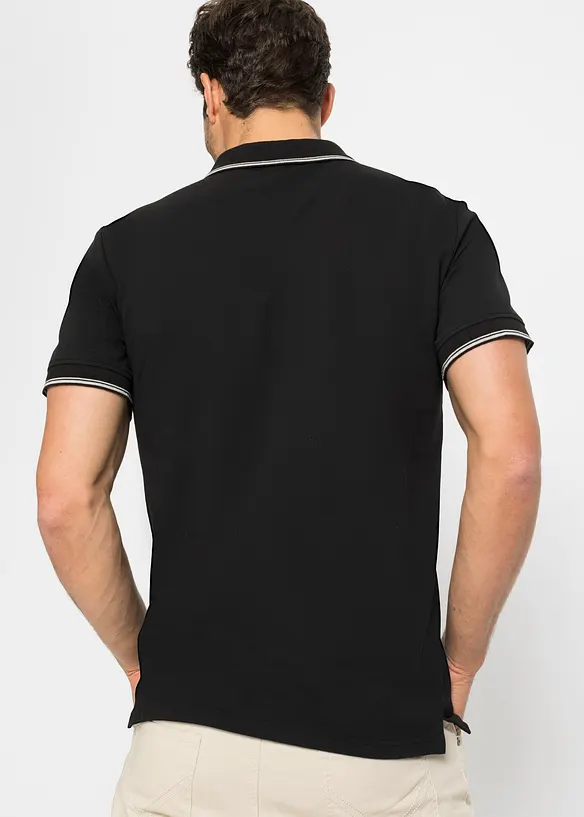 Piqué-Poloshirt mit Reißverschluss aus reiner Baumwolle in schwarz von hinten (im Anschnitt) - bonprix