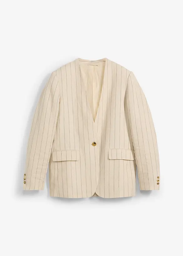 Kragenlose Blazerjacke aus reinem Leinen in beige von vorne - bonprix