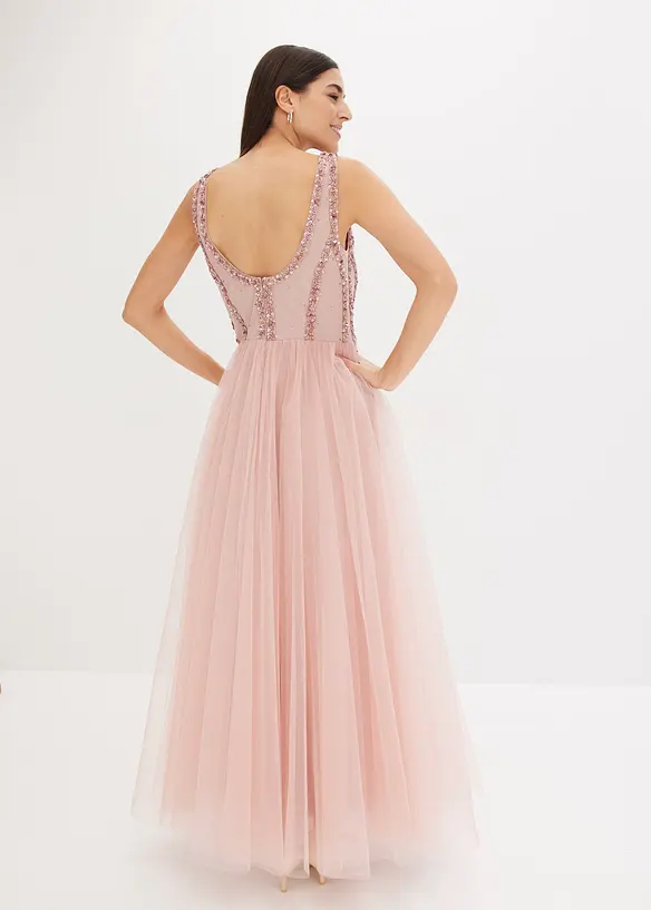 Maxikleid aus feinem Tüll mit Paillettenstickerei in rosa von hinten (Totalaufnahme) - bonprix