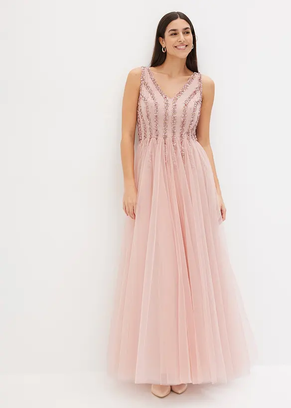 Maxikleid aus feinem Tüll mit Paillettenstickerei in rosa von vorne (Totalaufnahme) - bonprix