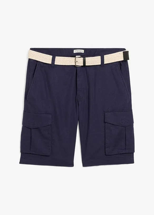 Regular Fit Cargo-Bermuda mit Gürtel aus luftigem Leinen-Mix in blau von vorne - bonprix