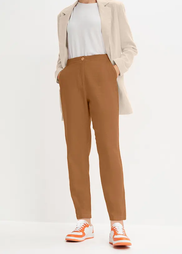 Verkürzte High-Waist-Hose aus Leinen-Viskose-Mix in braun von vorne - bonprix