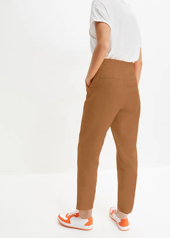 Verkürzte High-Waist-Hose aus Leinen-Viskose-Mix in braun von hinten - bonprix