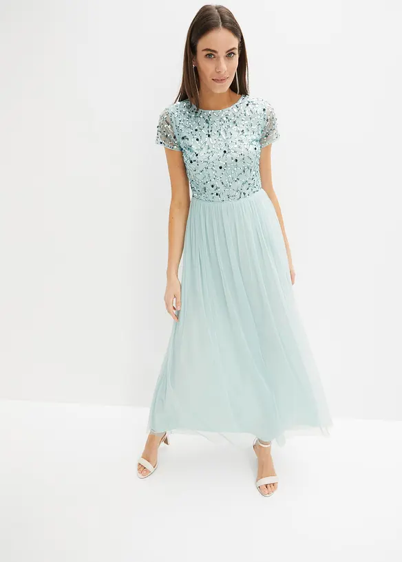 Maxikleid mit Paillettenstickerei in blau von vorne (Totalaufnahme) - bonprix Maxikleid mit Paillettenstickerei in blau von vorne (Totalaufnahme) - bonprix