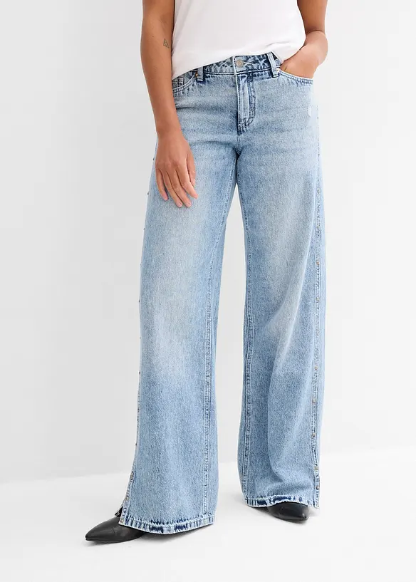 Wide-Leg-Jeans Mid Waist, Low Stretch in blau von vorne - bonprix Wide-Leg-Jeans Mid Waist, Low Stretch in blau von vorne - bonprix