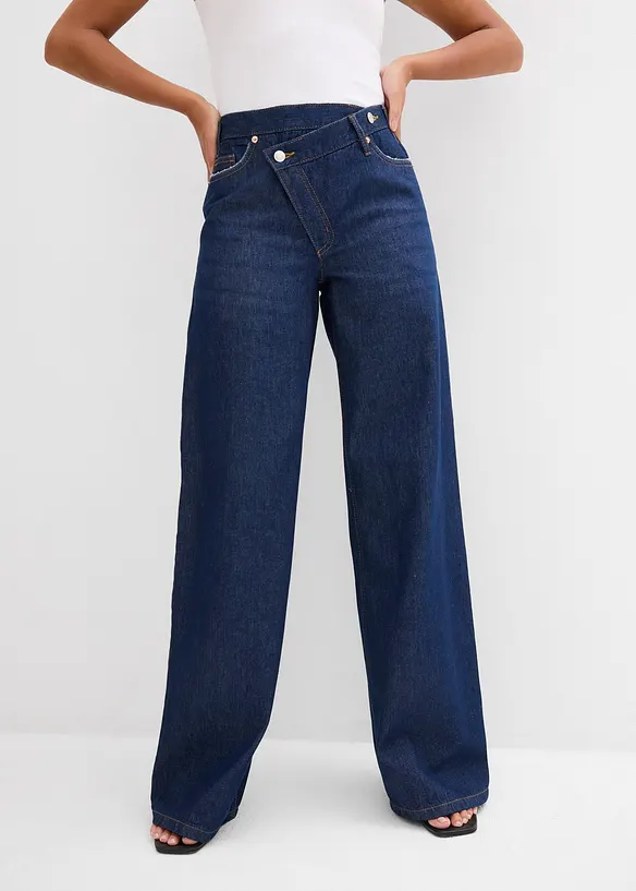 Wide-Leg-Jeans Mid Waist, Low Stretch in blau von vorne - bonprix
