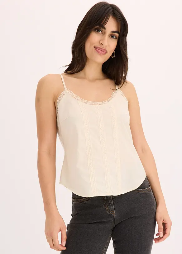 Blusentop mit Lochstickerei aus reiner Baumwolle in beige von vorne (im Anschnitt) - bonprix