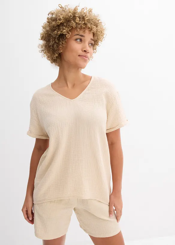 Musselin-Tunika aus reiner Baumwolle in beige von vorne (im Anschnitt) - bonprix