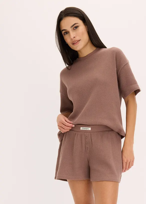 Oversized Loungewear Shorty Hausanzug aus Waffeljersey in braun von vorne (Totalaufnahme) - bonprix