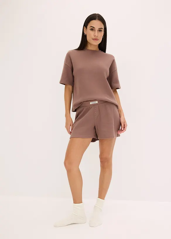 Oversized Loungewear Shorty Hausanzug aus Waffeljersey in braun im Look von vorne (Totalaufnahme) - bonprix