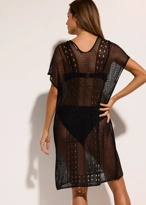 Strandkleid in Häkeloptik aus fließender Viskose in schwarz von hinten (Totalaufnahme) - bonprix