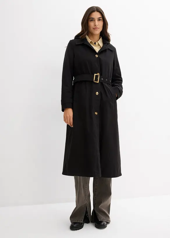 Trench-Mantel mit abnehmbarer Kapuze in schwarz von vorne (Totalaufnahme) - bonprix