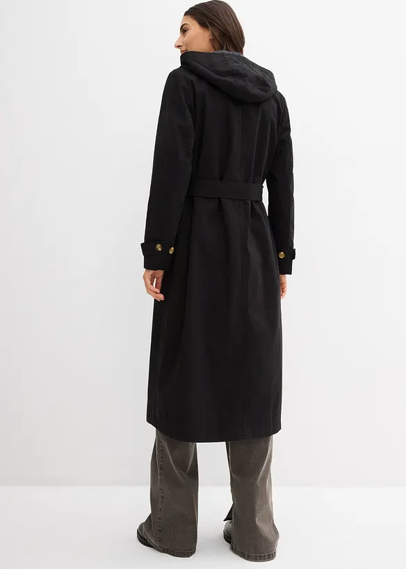 Trench-Mantel mit abnehmbarer Kapuze in schwarz von hinten (Totalaufnahme) - bonprix