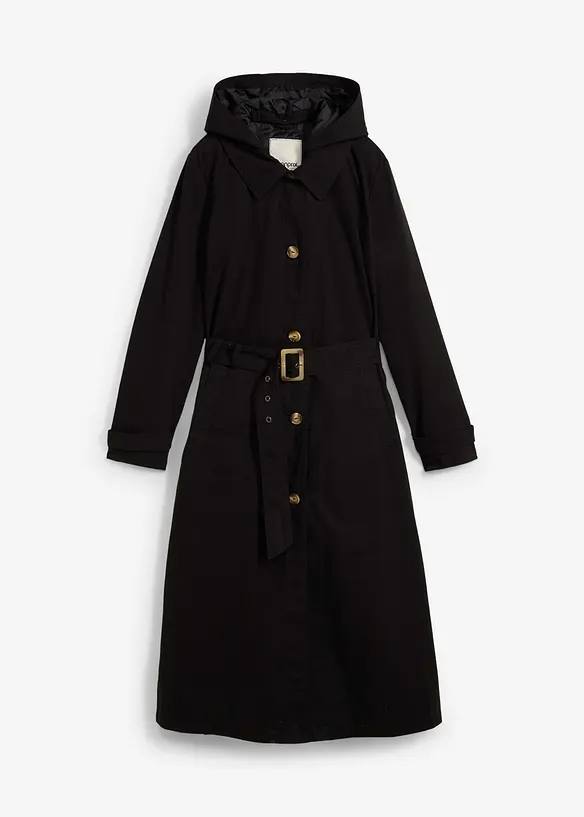 Trench-Mantel mit abnehmbarer Kapuze in schwarz von vorne - bonprix