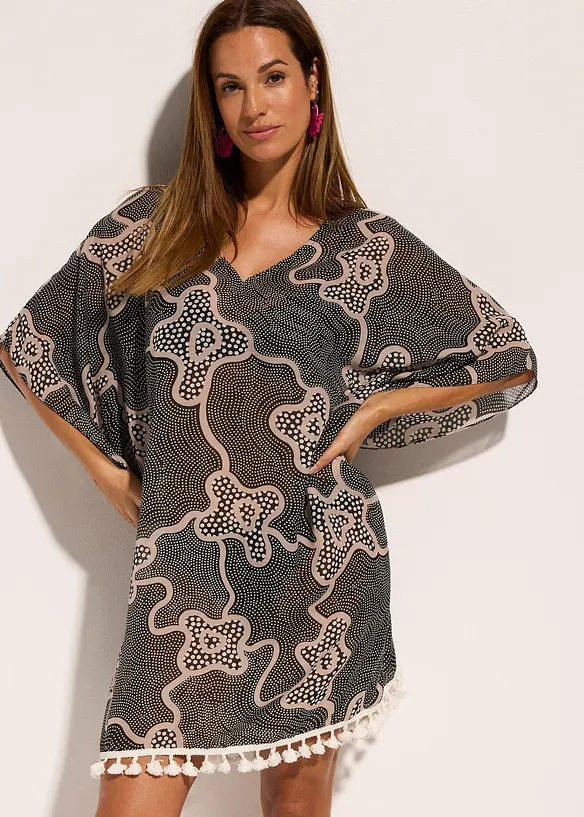 Transparente Strandtunika in schwarz von vorne (Totalaufnahme) - bonprix