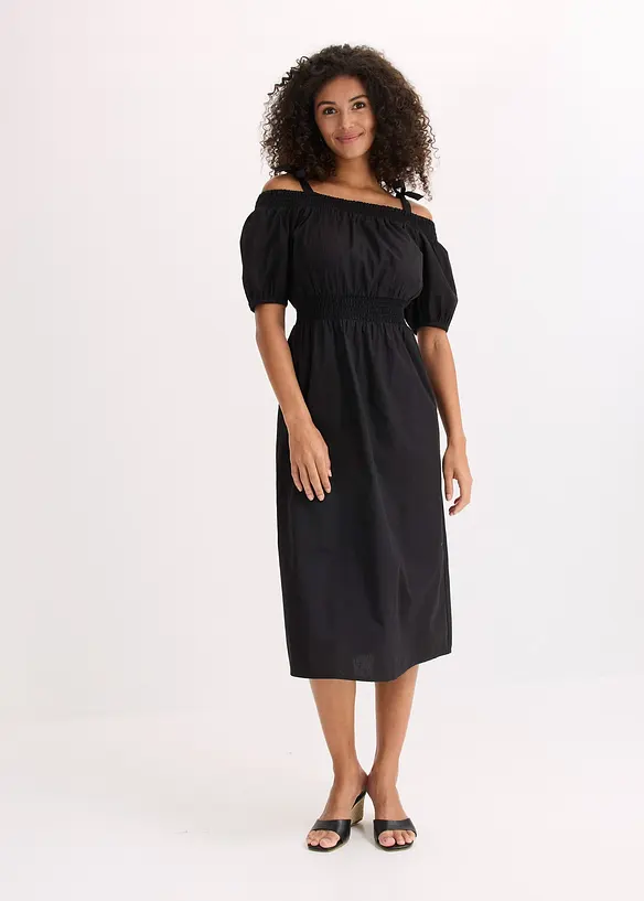 Off-Shoulder-Kleid aus reiner Bio-Baumwolle in schwarz von vorne (Totalaufnahme) - bonprix Off-Shoulder-Kleid aus reiner Bio-Baumwolle in schwarz von vorne (Totalaufnahme) - bonprix