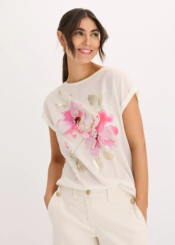 Shirt mit Webeinsatz in weiß von vorne (im Anschnitt) - bonprix Shirt mit Webeinsatz in weiß von vorne (im Anschnitt) - bonprix