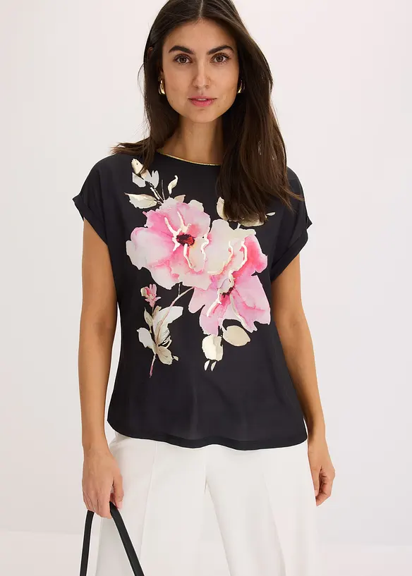 Shirt mit Webeinsatz in schwarz von vorne (im Anschnitt) - bonprix Shirt mit Webeinsatz in schwarz von vorne (im Anschnitt) - bonprix