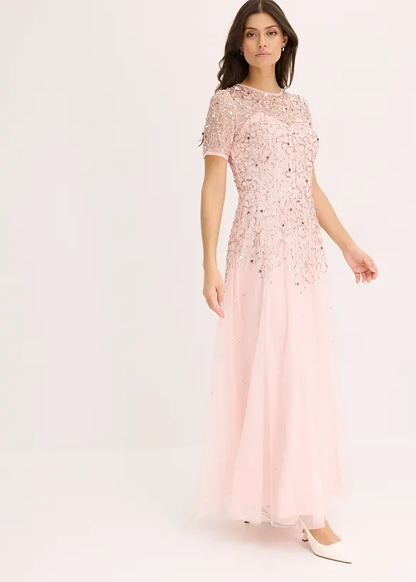 Maxikleid aus zartem Tüll mit Paillettenstickerei in rosa von vorne (Totalaufnahme) - bonprix Maxikleid aus zartem Tüll mit Paillettenstickerei in rosa von vorne (Totalaufnahme) - bonprix