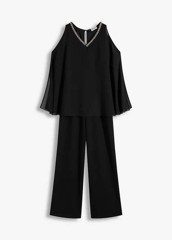 Overall mit Überwurf und Strasssteinverzierung in schwarz von vorne - bonprix Overall mit Überwurf und Strasssteinverzierung in schwarz von vorne - bonprix