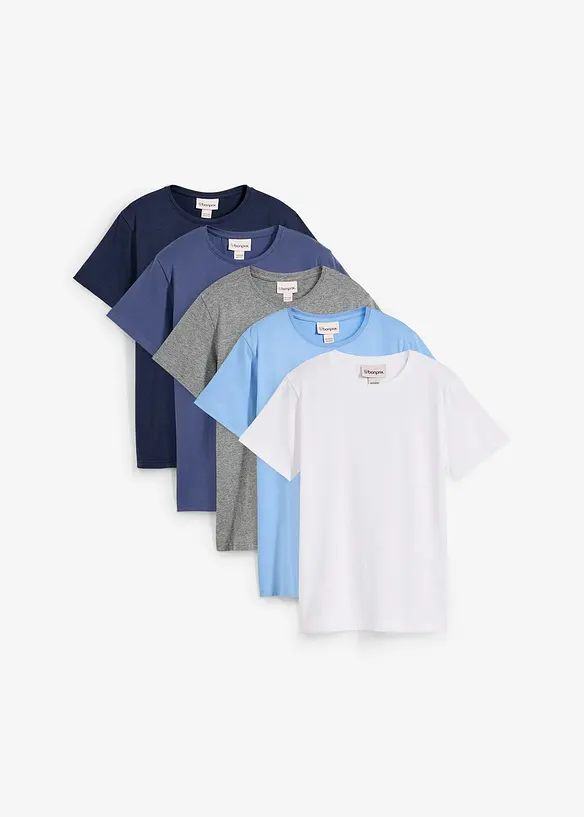 T-Shirt (5er Pack) aus reiner Baumwolle in blau von vorne - bonprix