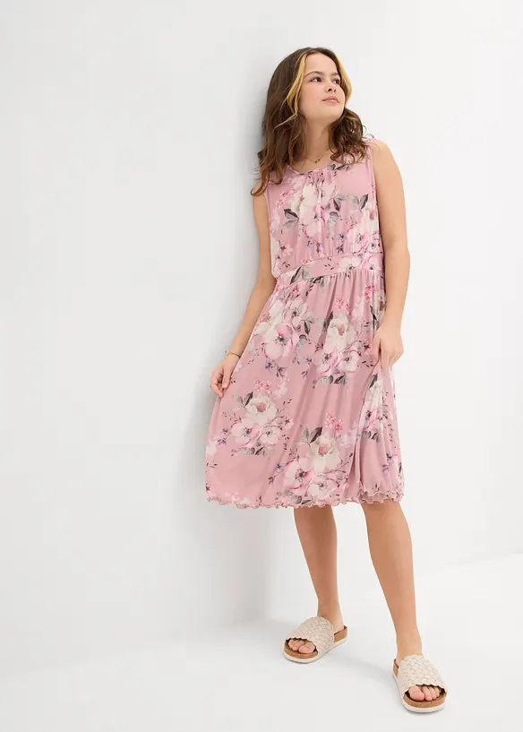 Luftiges Mesh-Kleid mit Allover-Print in rosa von vorne (Totalaufnahme) - bonprix